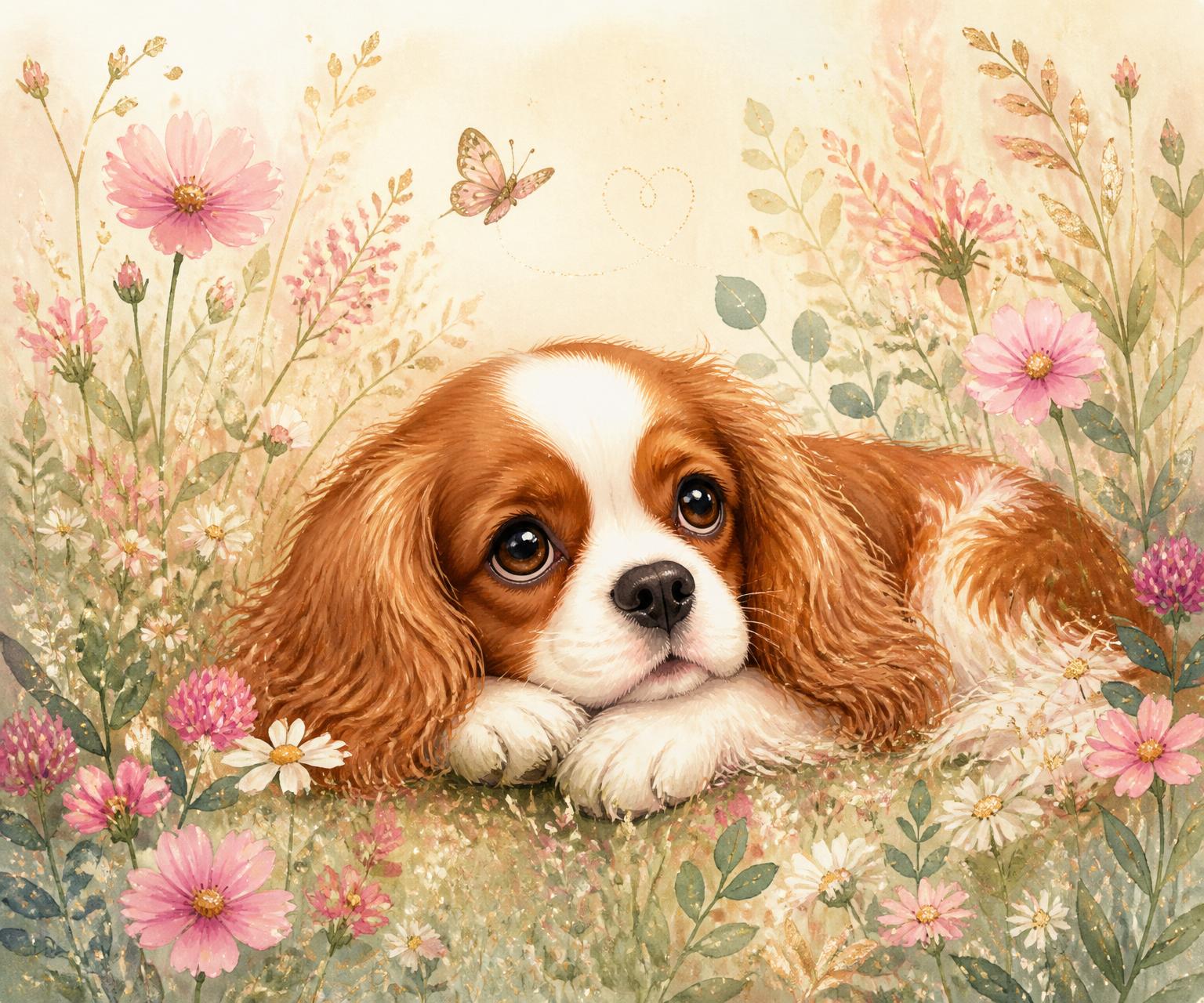 A soft watercolor of a King Charles Cavalier resting in a meadow of wildflowers